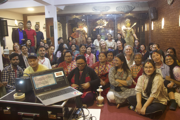 In Kirtipur, the Urban Heritage Mining Summer School participants were introduced to the long history of performance heritage in the city, including the Dāphā music tradition and its re-invigoration via a new generation of musicians and artists (such as the Tahnani Dāphā Khalah). These presentations in Kirtipur were led by Pushpa Pananchoke (front row, second from right), and Bharat Maharjan (far left, upper-left-hand corner). Photo © Monalisa Maharjan. 