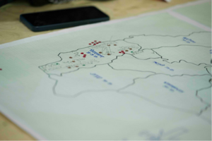 Part of a queer counter map marking places of safety and violence for transfeminine performers in Biratnagar.
