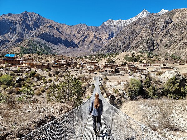 Emiline Smith walking to Phoksundo village in Lower Dolpo in November 2021.