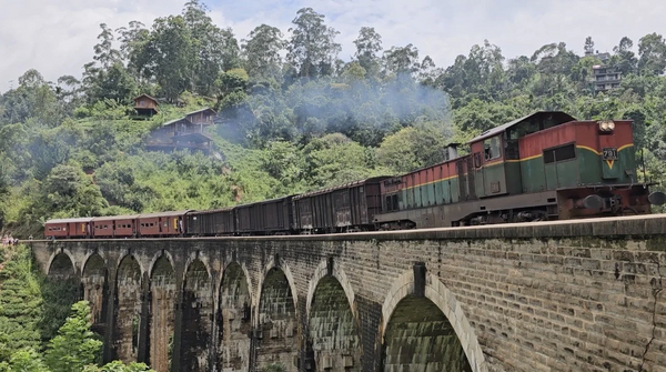 A train running over the Nine Arch Bridge.