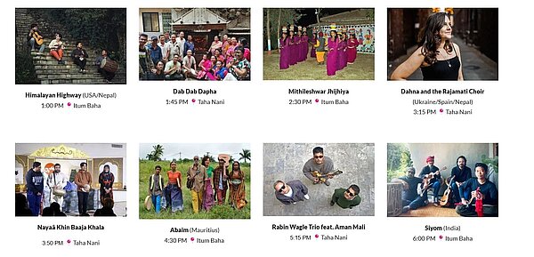 The published schedule for Echoes in the Valley, which featured Mithileshwar Jhijhiya’s performance on a main stage in Itum Baha, Kathmandu.